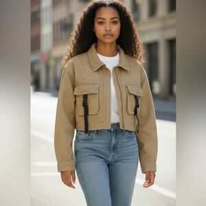 Lilac Sunset Tan Women's Canvas Cropped Jacket-Size Small